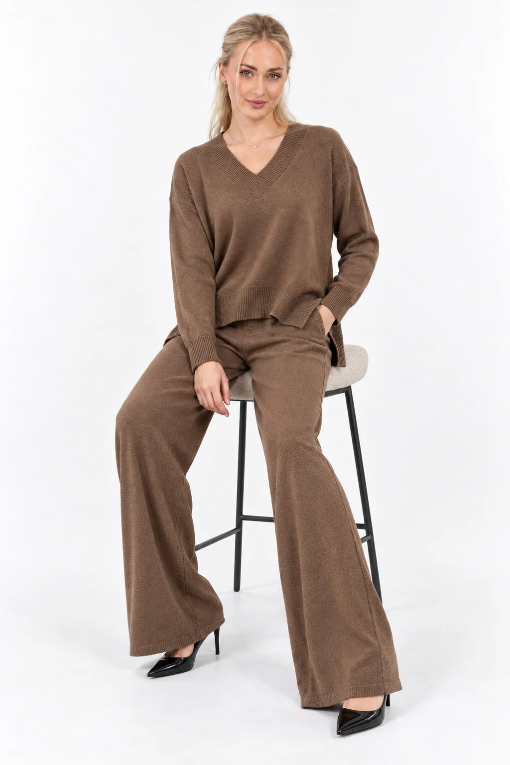 V-Neck Knit Sweater & Wide-Leg Pants Set