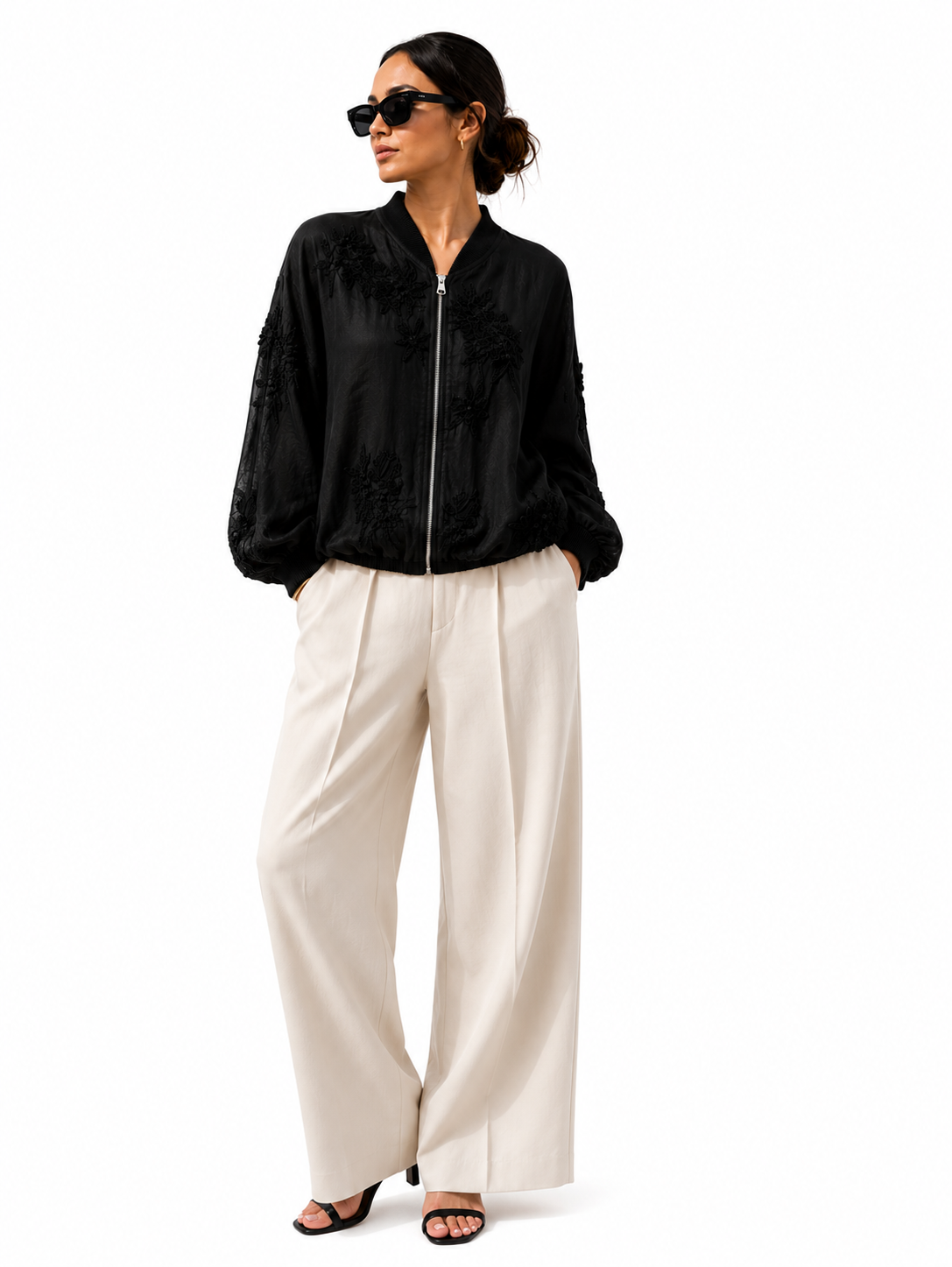 Noir Embroidered Linen Bomber Jacket