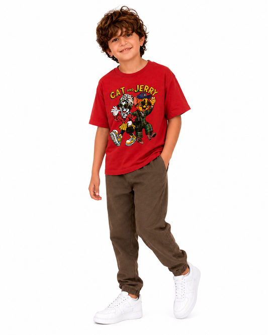 Camiseta de algodón con estampado de Tom y Jerry para niño - Rojo