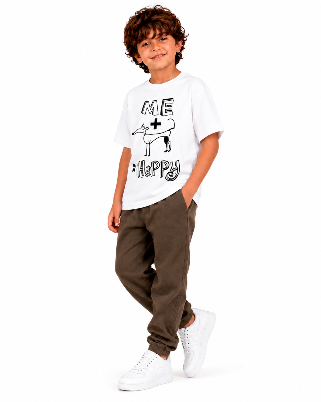 Camiseta de algodón con gráfico "Me + Happy" para niño – Blanco
