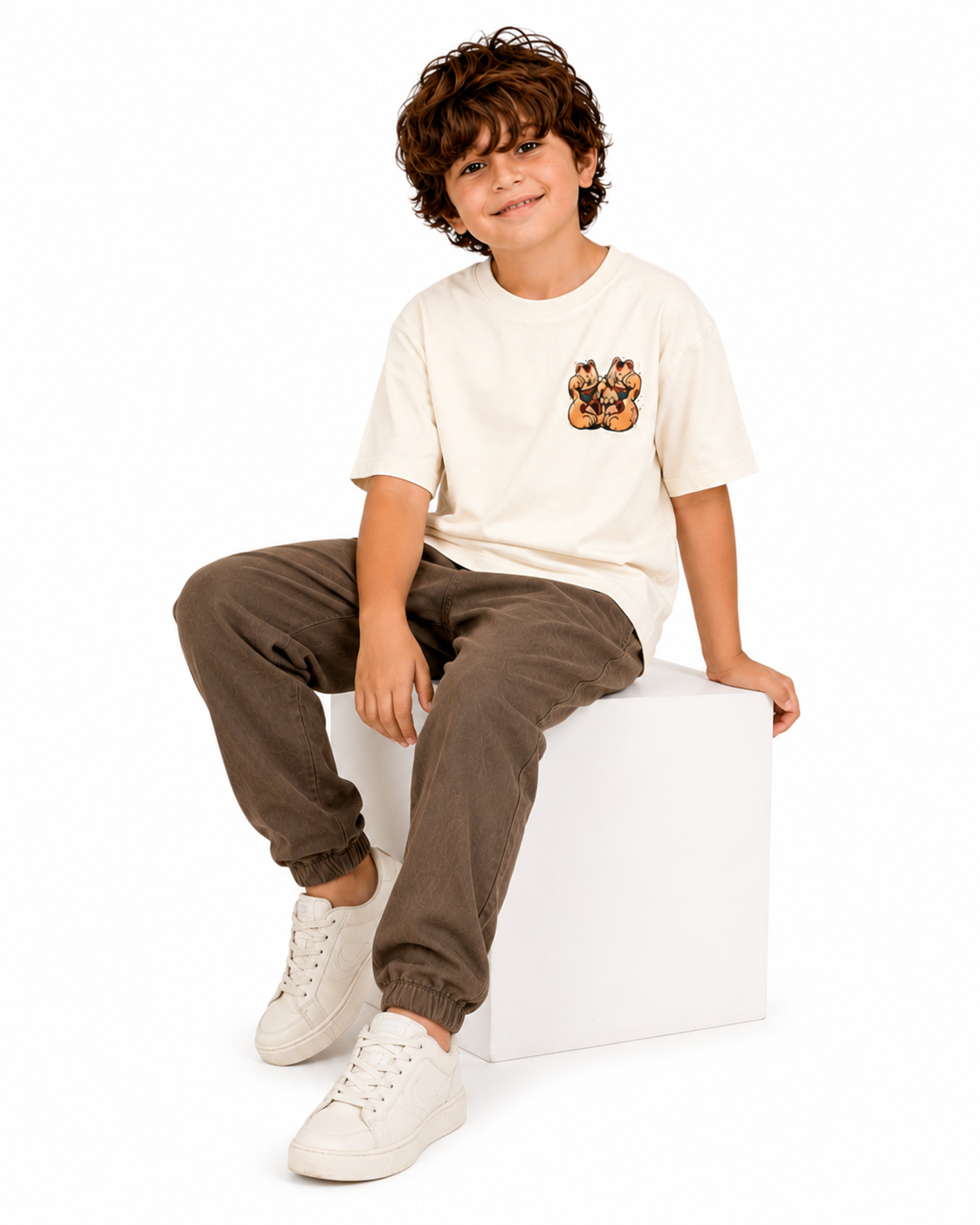 Camiseta de algodón con estampado de oso de peluche para niño – Color crema