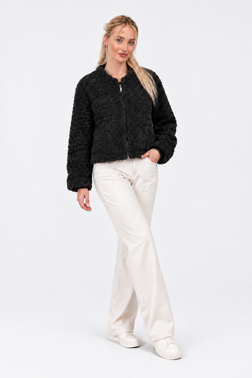 Textured Zip-Up Teddy Jacket