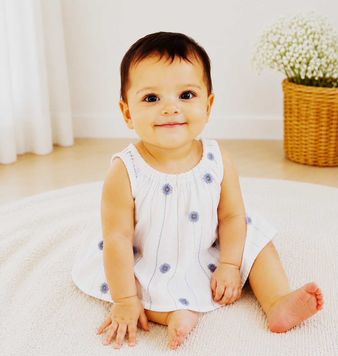 Vestido sin mangas Daisy Bloom para bebé niña – Blanco y azul