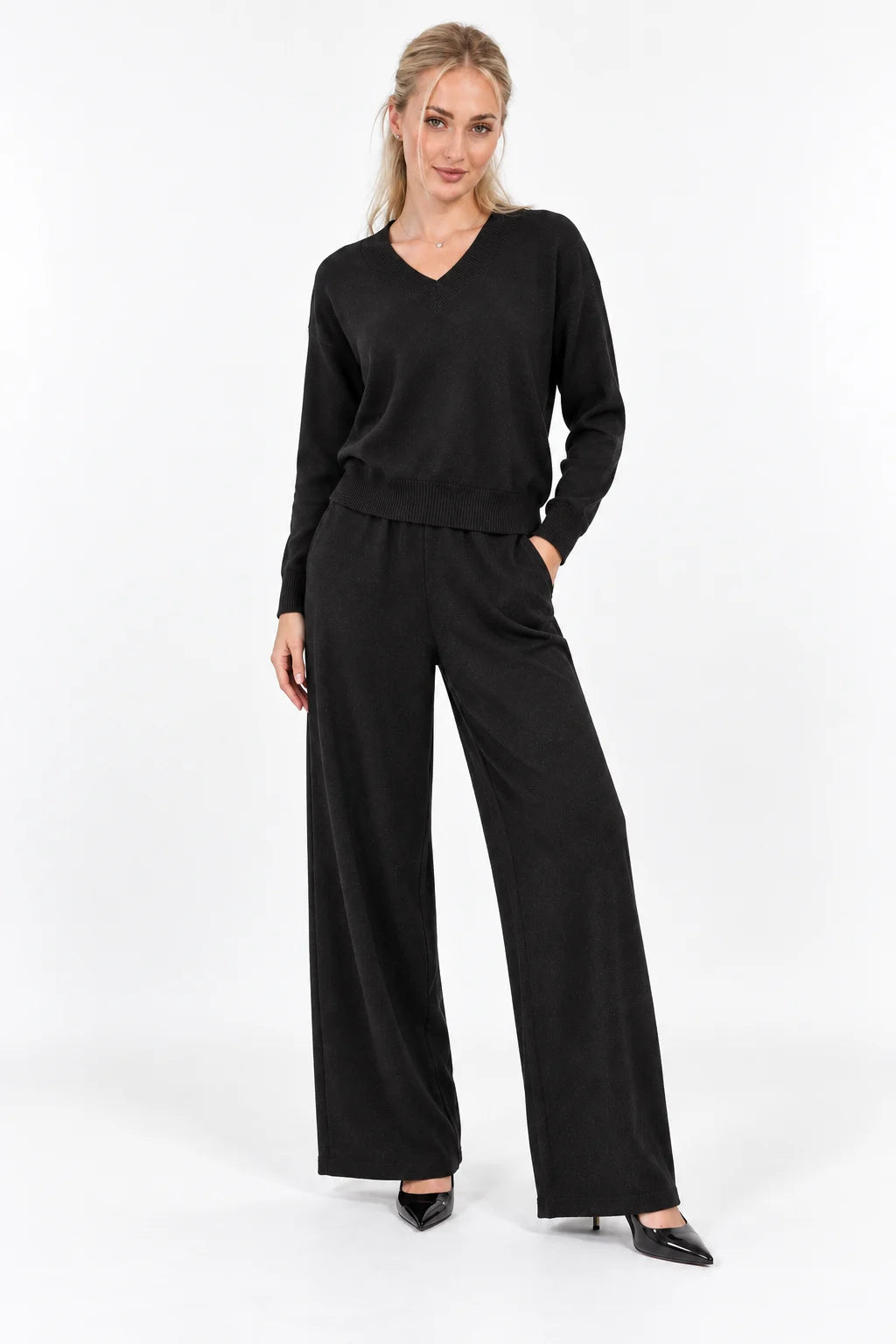 V-Neck Knit Sweater & Wide-Leg Pants Set