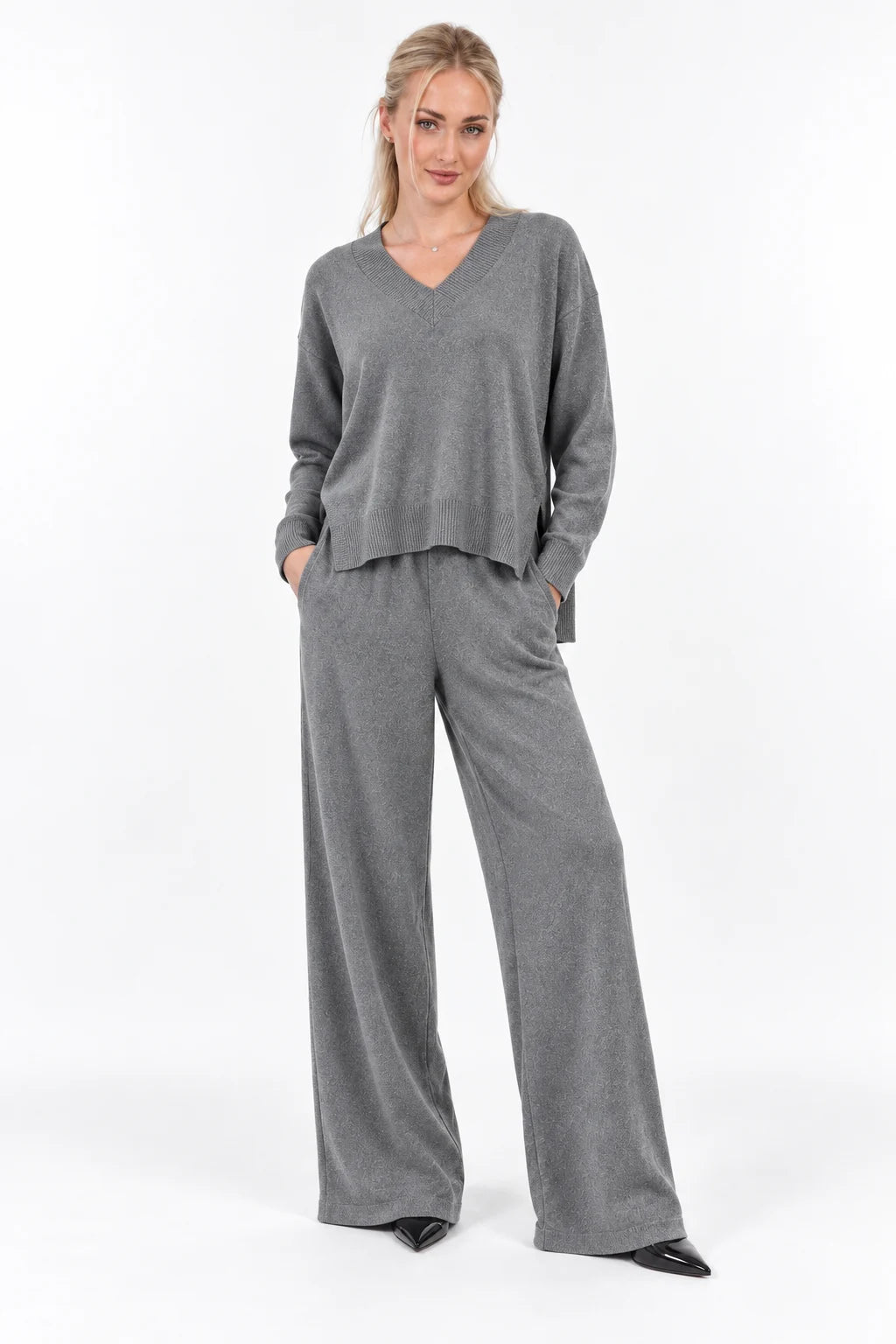 V-Neck Knit Sweater & Wide-Leg Pants Set