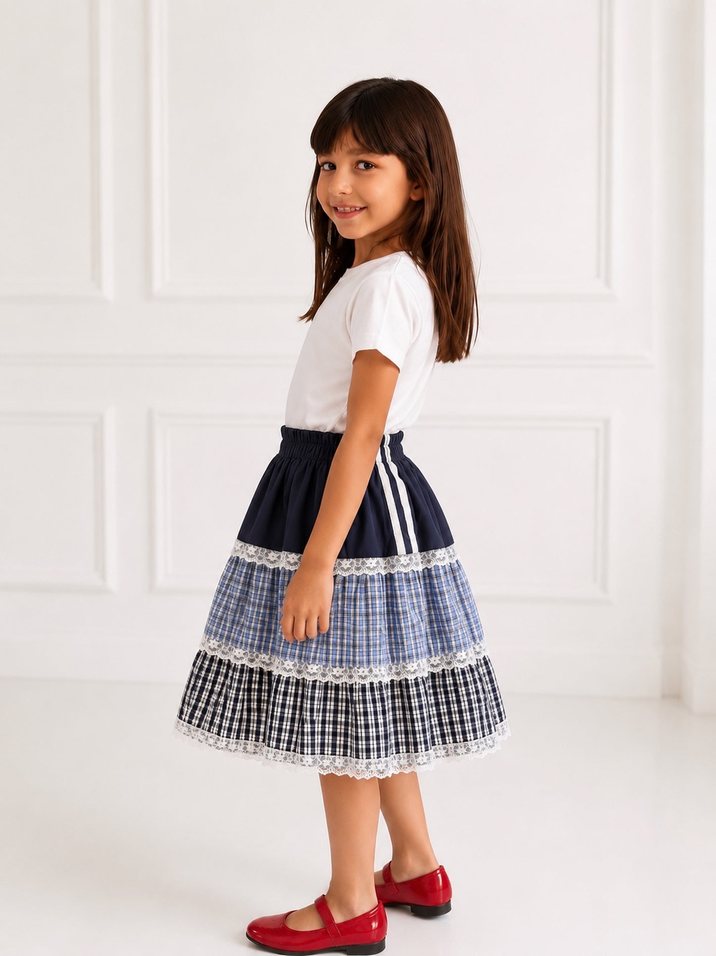 Girls Vintage Plaid Tiered Midi Skirt