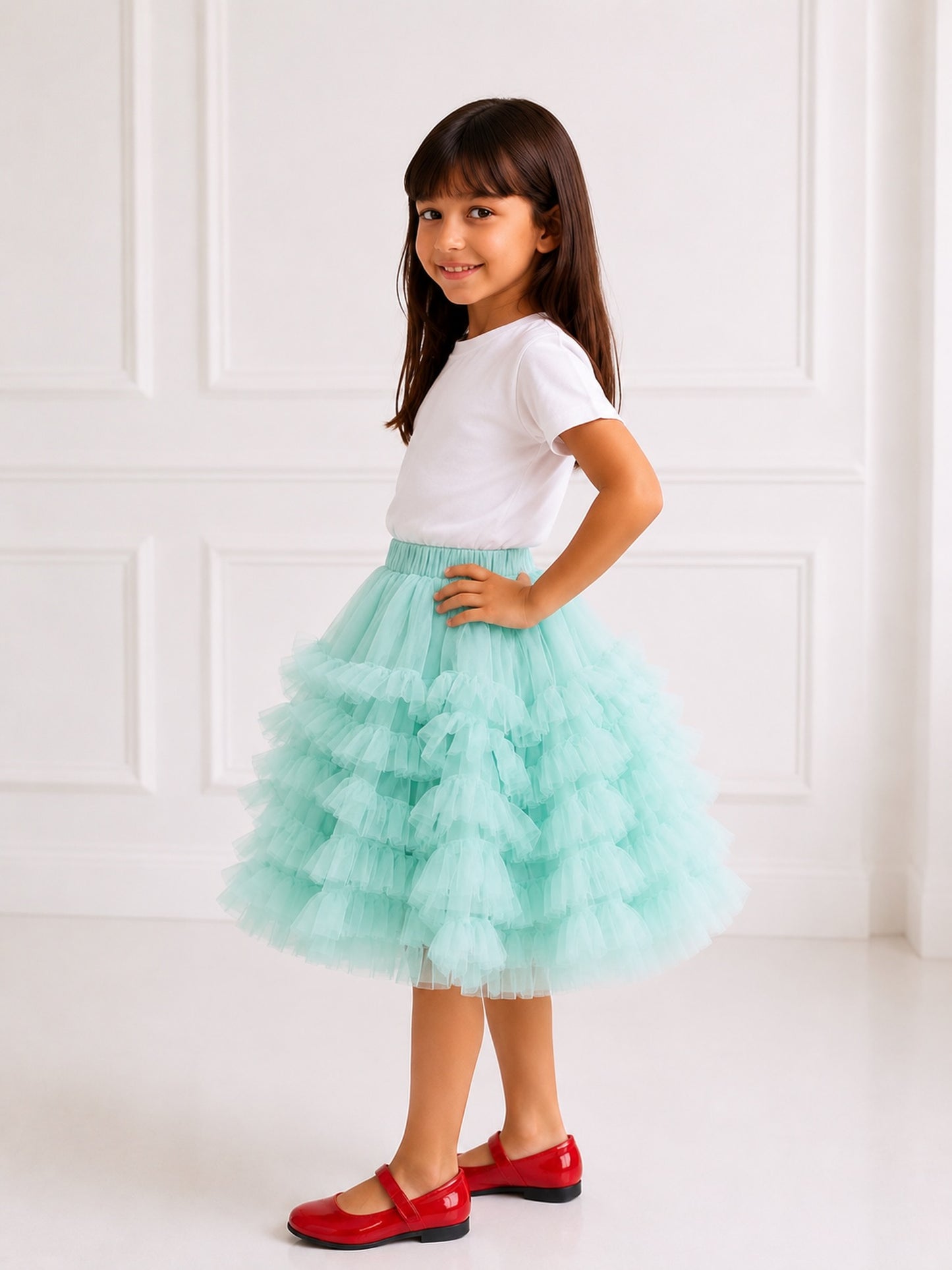 Falda de fiesta de tul con volantes menta para niñas