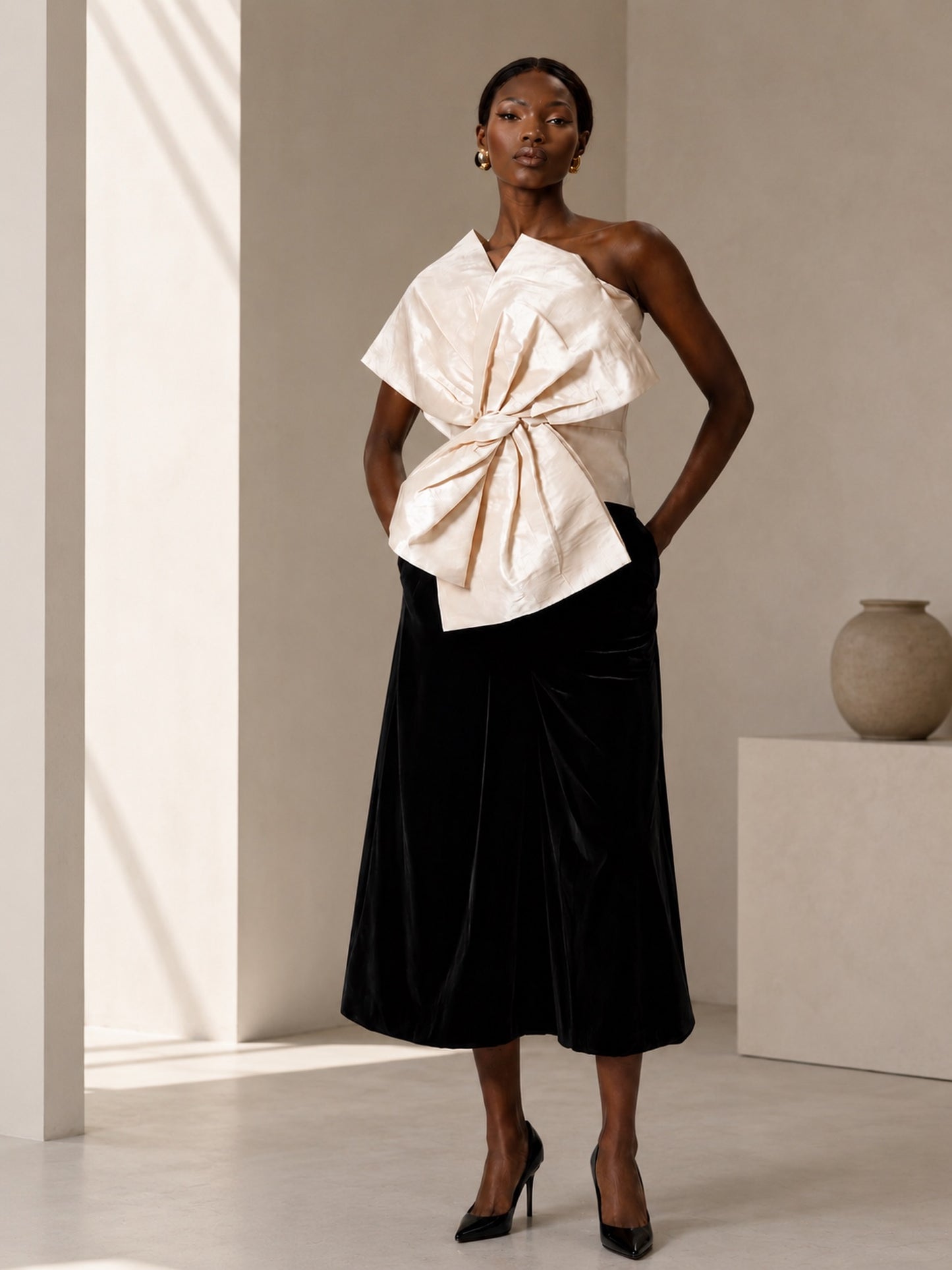 Elegant One-Shoulder Bow Blouse