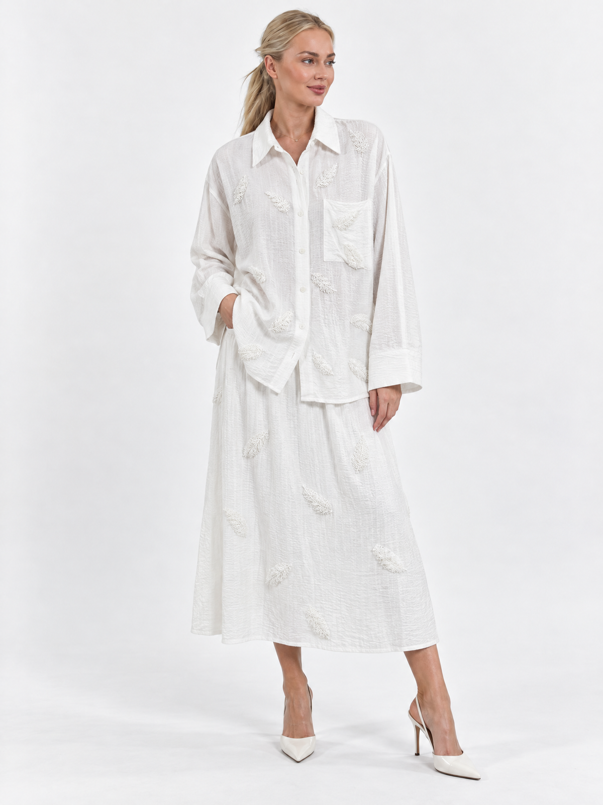 Embroidered Feather Detail Shirt & Maxi Skirt Set