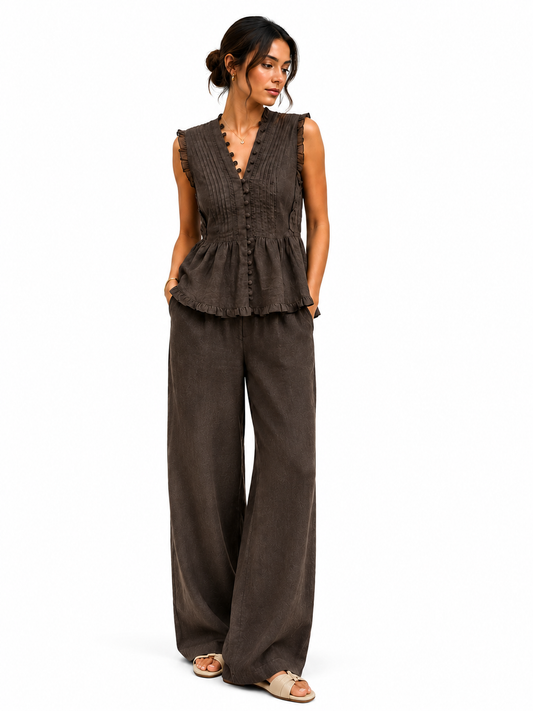 Ruffled Linen Lounge Set – Mocha Brown