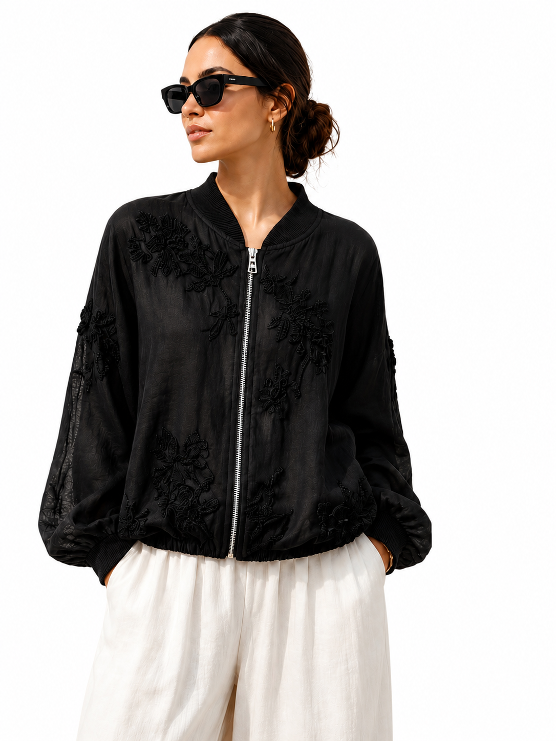 Cazadora bomber de lino bordada Noir