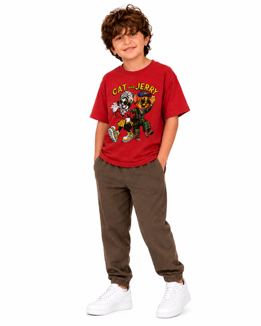 Boys Cat & Jerry Graphic Cotton T-Shirt – Red