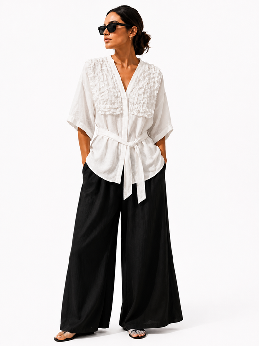 Ruffled Linen Tie-Waist Top