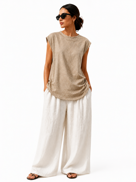 Top drapeado de lino – Beige