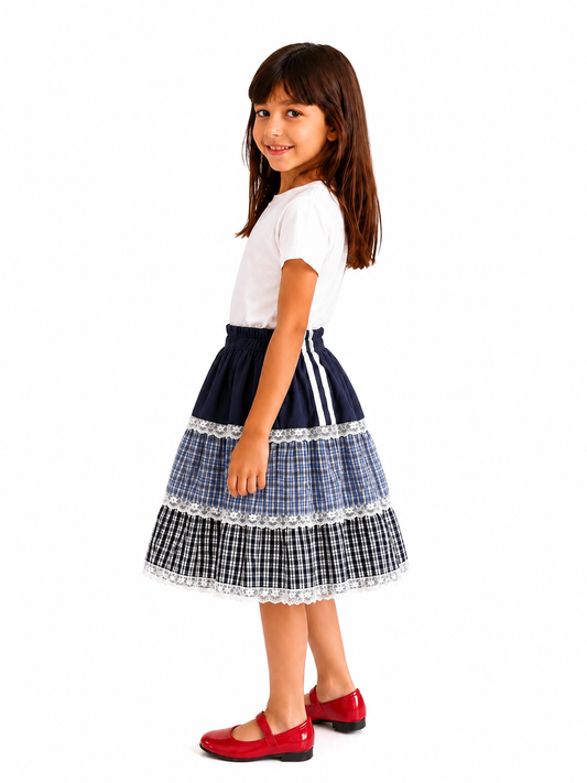 Girls Vintage Plaid Tiered Midi Skirt