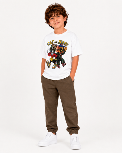 CAMISETA DE ALGODÓN CON GRÁFICO DE GATO Y RATÓN – BLANCO