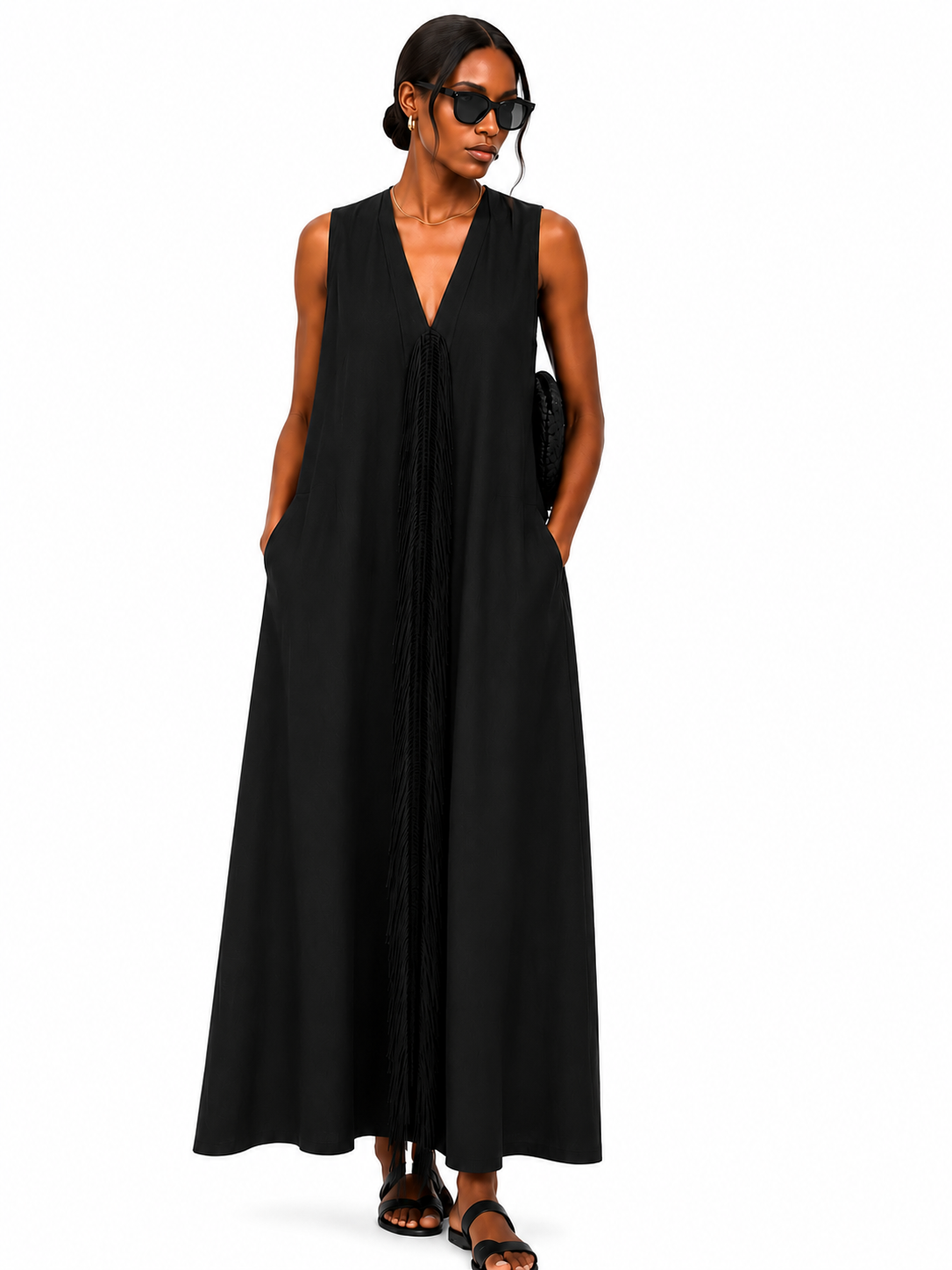 Vestido maxi sin mangas con flecos negros