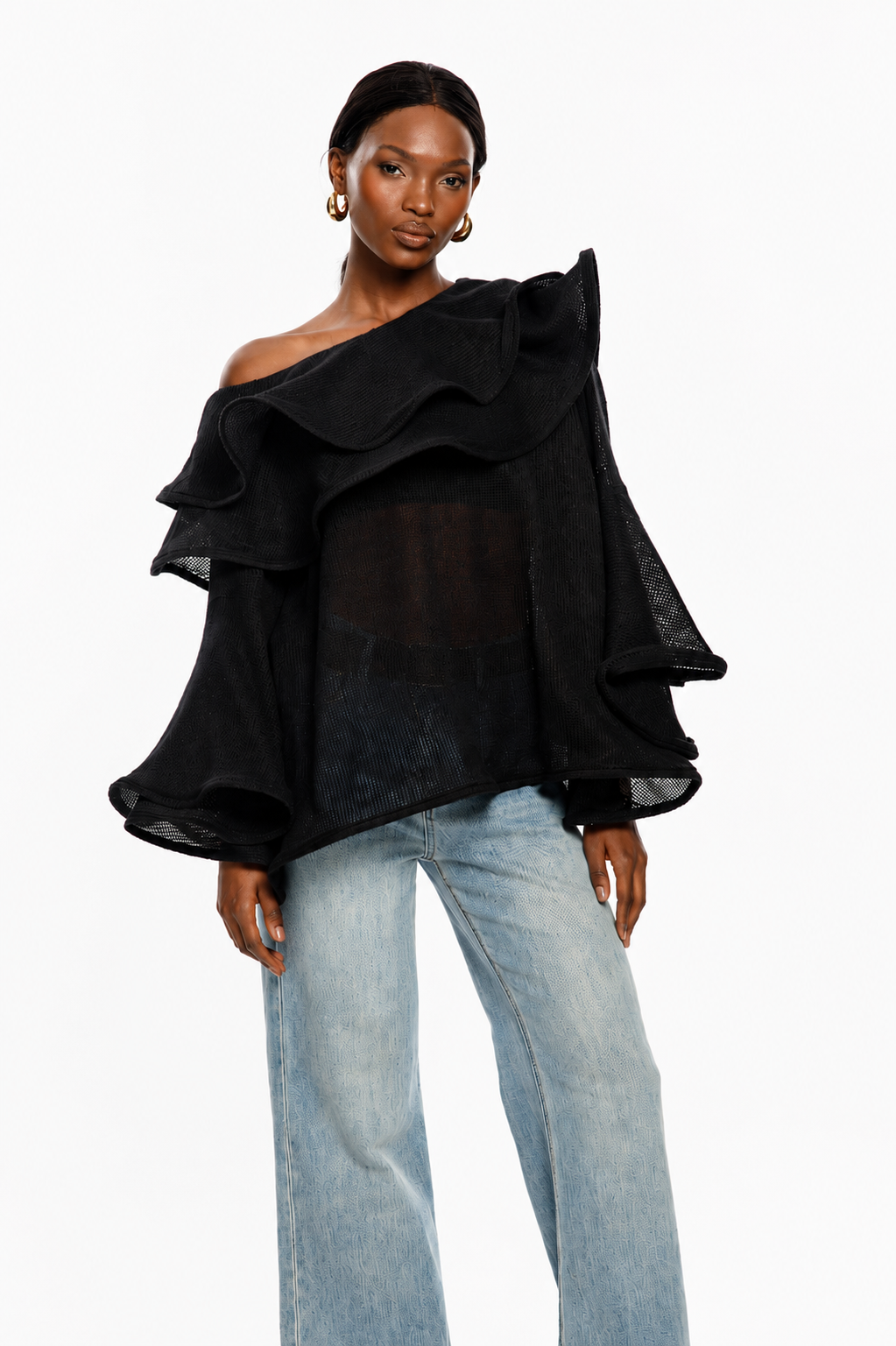 Noir Cascade One-Shoulder Knit Top