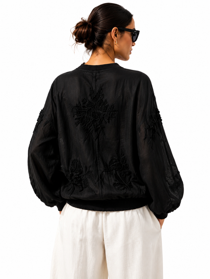 Cazadora bomber de lino bordada Noir