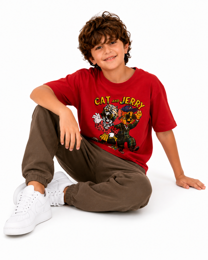 Boys Cat & Jerry Graphic Cotton T-Shirt – Red