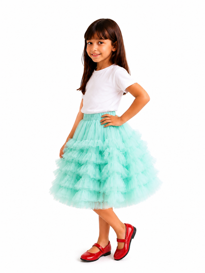 Falda de fiesta de tul con volantes menta para niñas