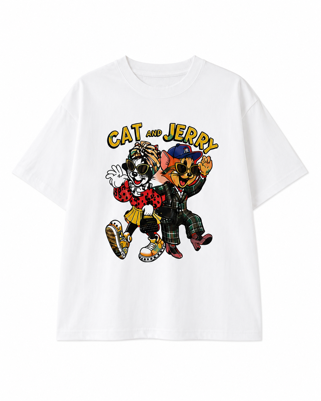 CAMISETA DE ALGODÓN CON GRÁFICO DE GATO Y RATÓN – BLANCO