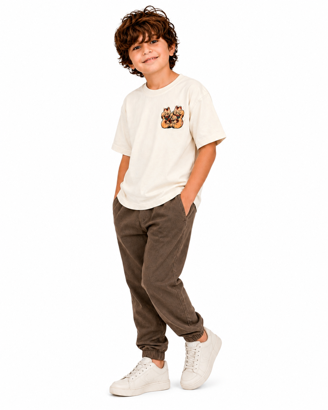 Boys Teddy Bear Graphic Cotton T-Shirt – Cream