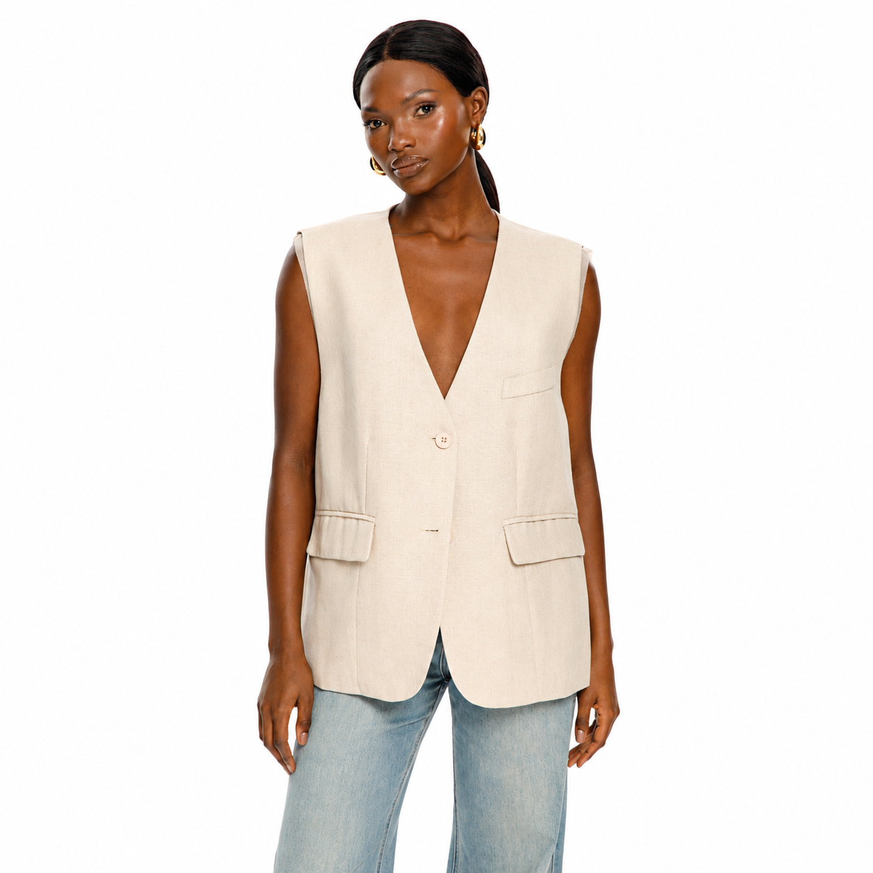 Beige Sleeveless Tailored Vest
