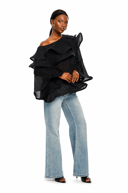 Noir Cascade One-Shoulder Knit Top