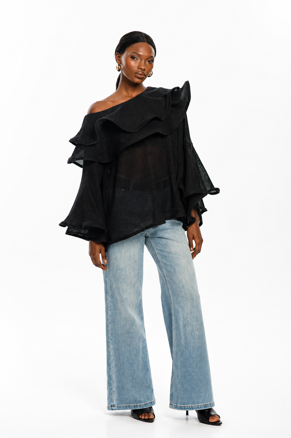 Noir Cascade One-Shoulder Knit Top