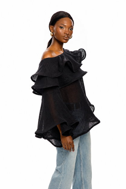 Noir Cascade One-Shoulder Knit Top