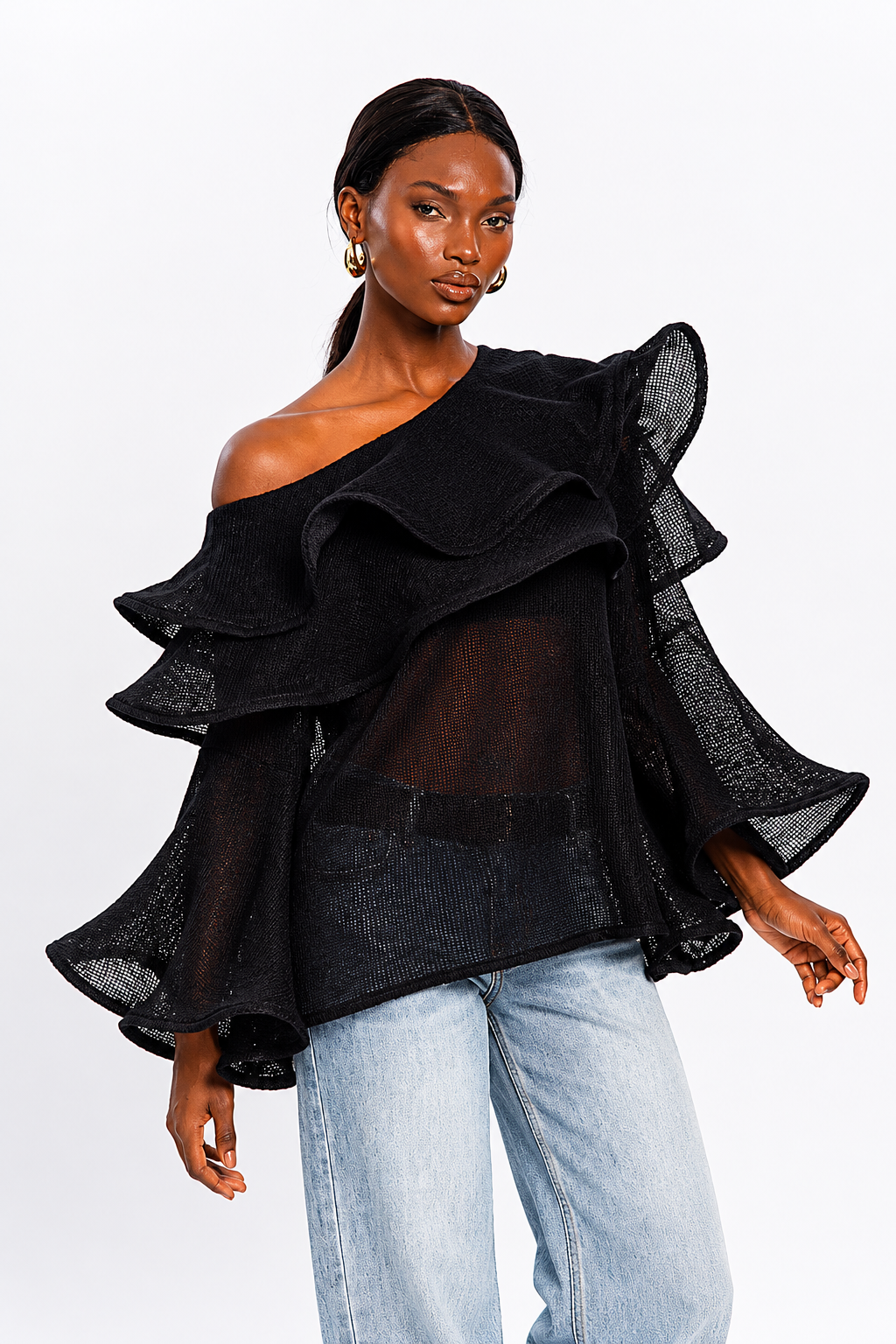 Noir Cascade One-Shoulder Knit Top