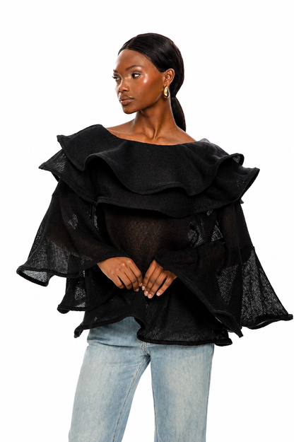 Noir Cascade One-Shoulder Knit Top