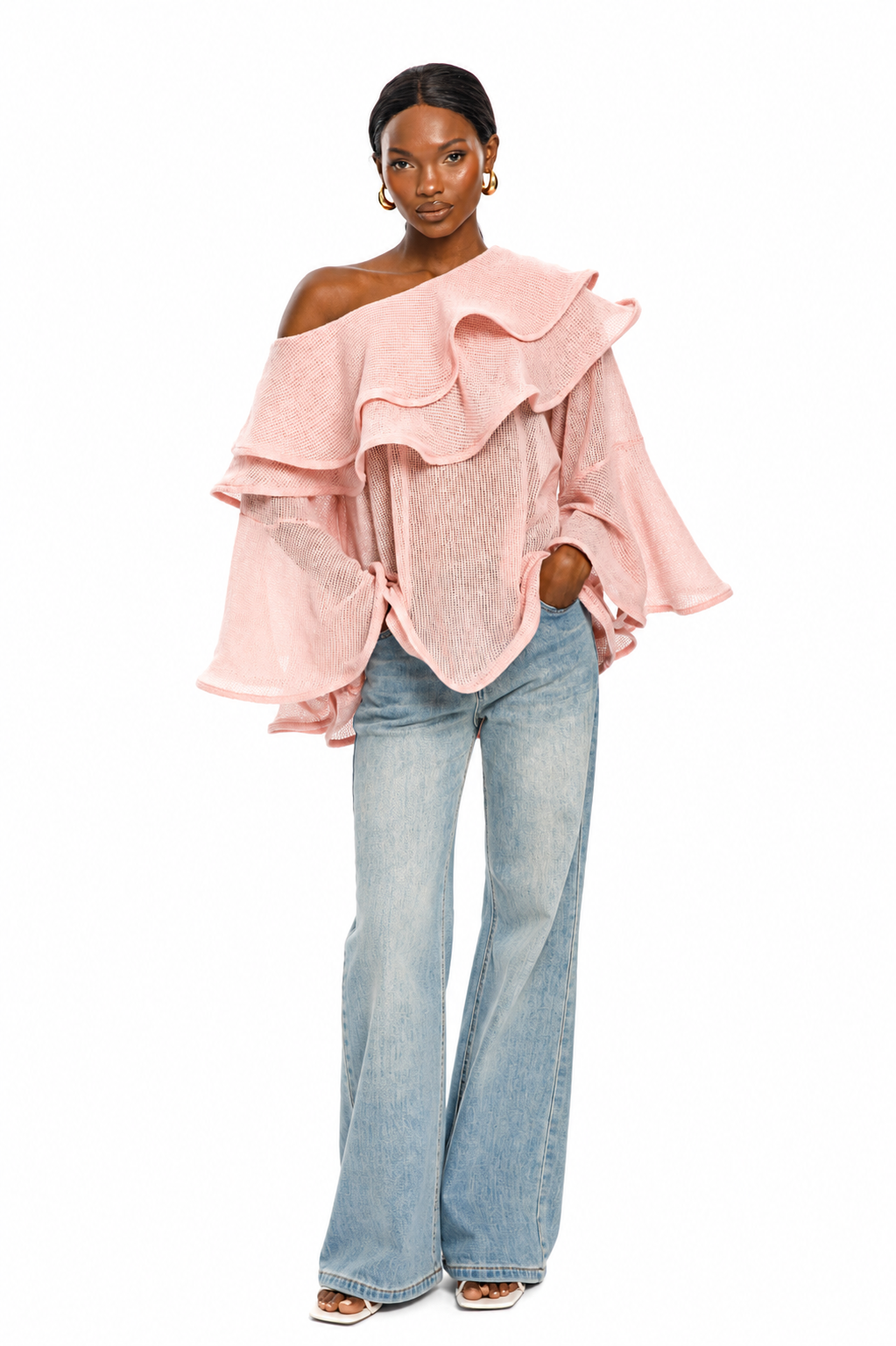 Noir Cascade One-Shoulder Knit Top