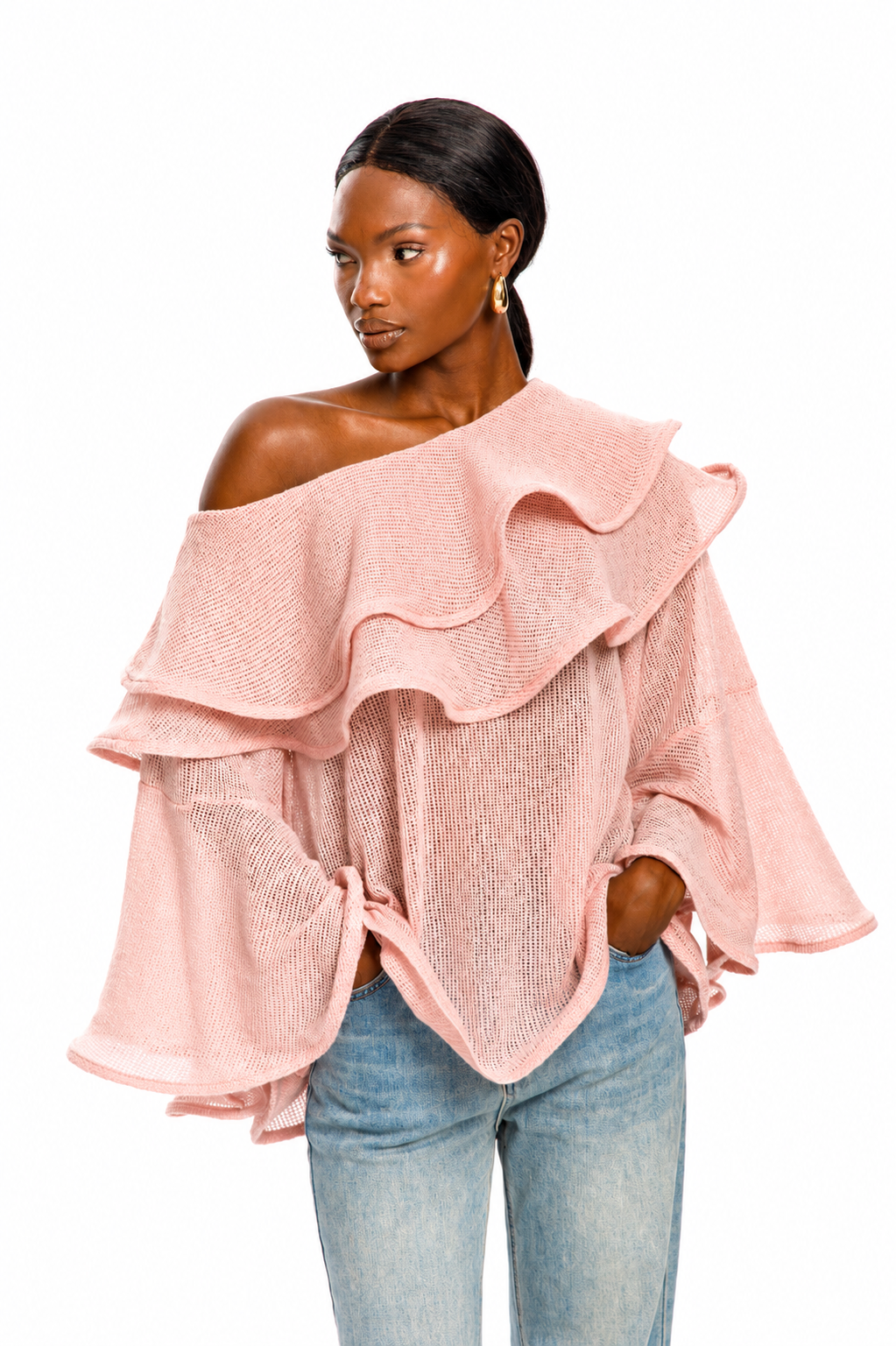 Noir Cascade One-Shoulder Knit Top