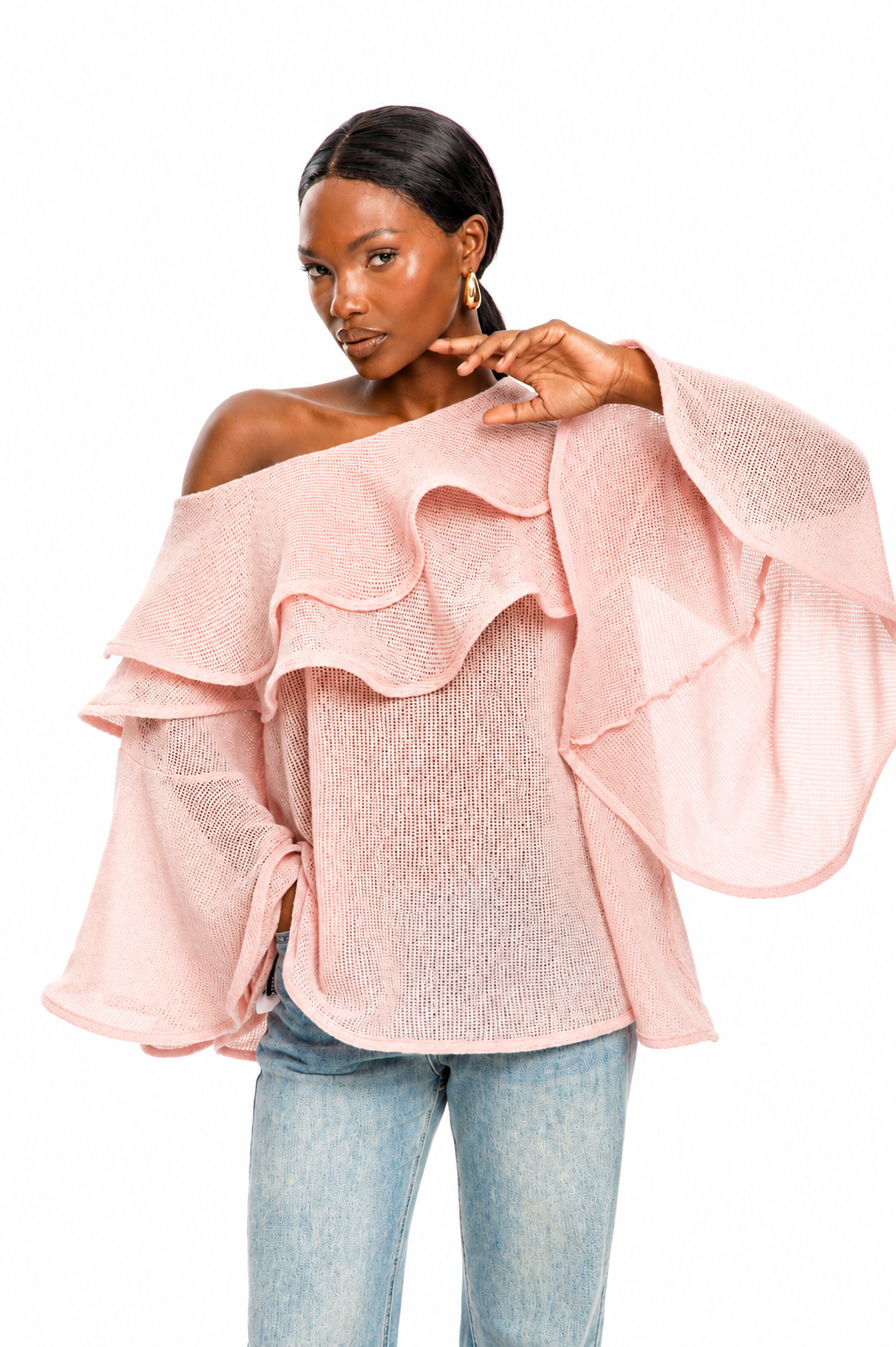 Noir Cascade One-Shoulder Knit Top
