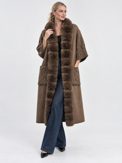 Luxury Fur-Trimmed Long Knit Cardigan