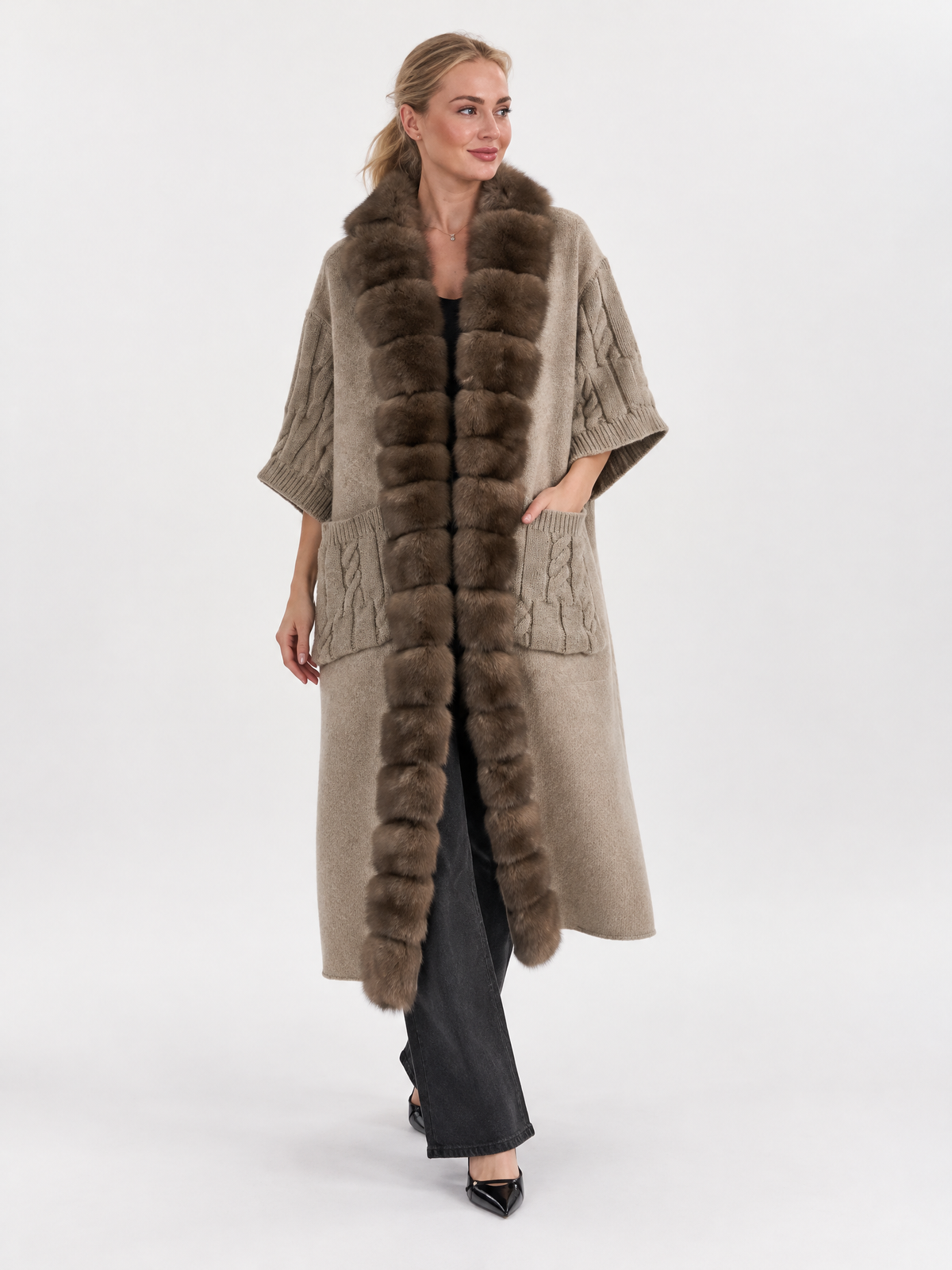 Luxury Fur-Trimmed Long Knit Cardigan