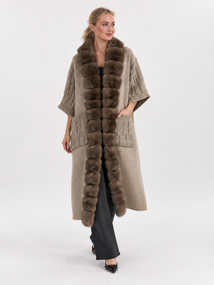 Luxury Fur-Trimmed Long Knit Cardigan