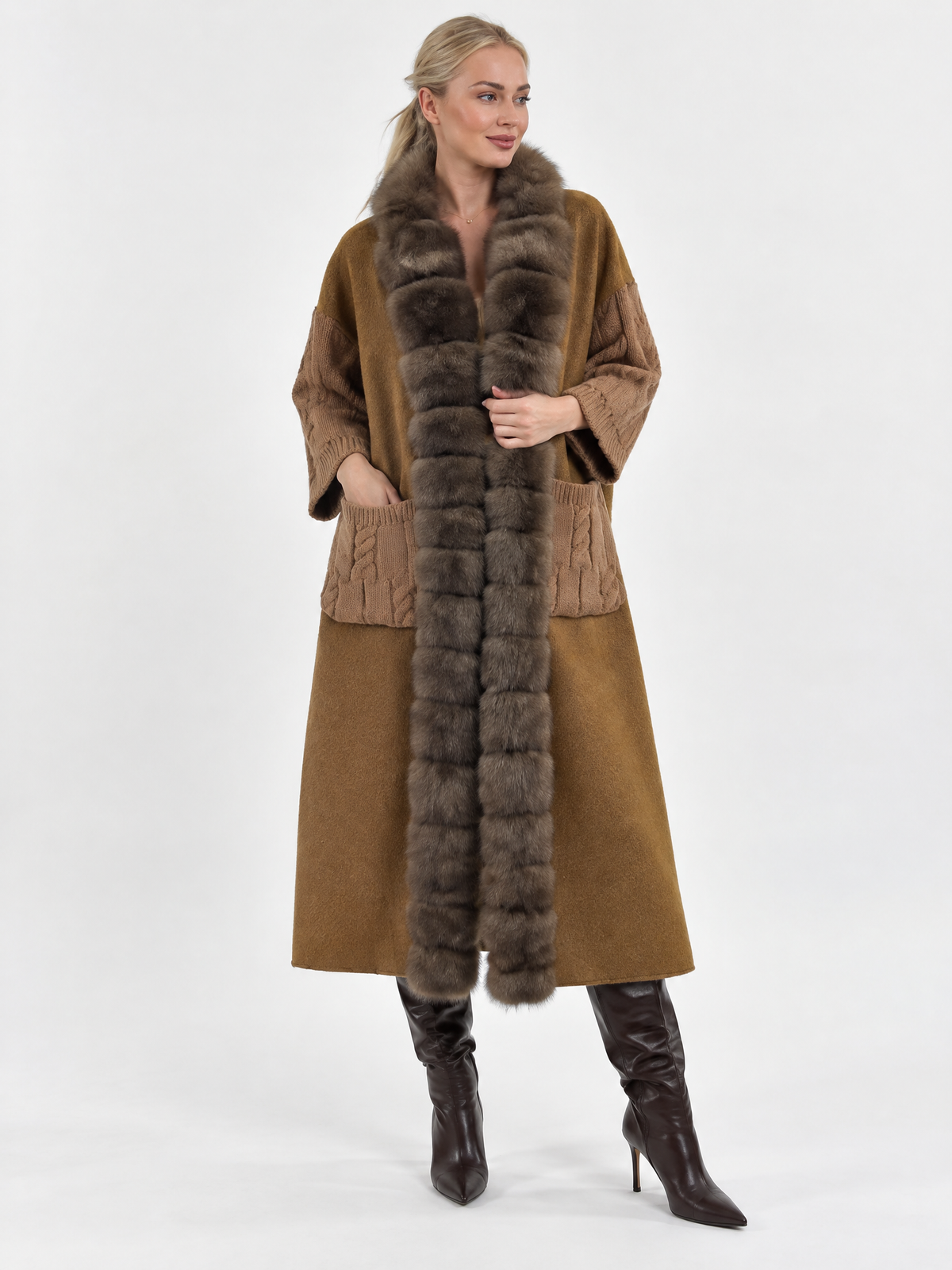 Luxury Fur-Trimmed Long Knit Cardigan