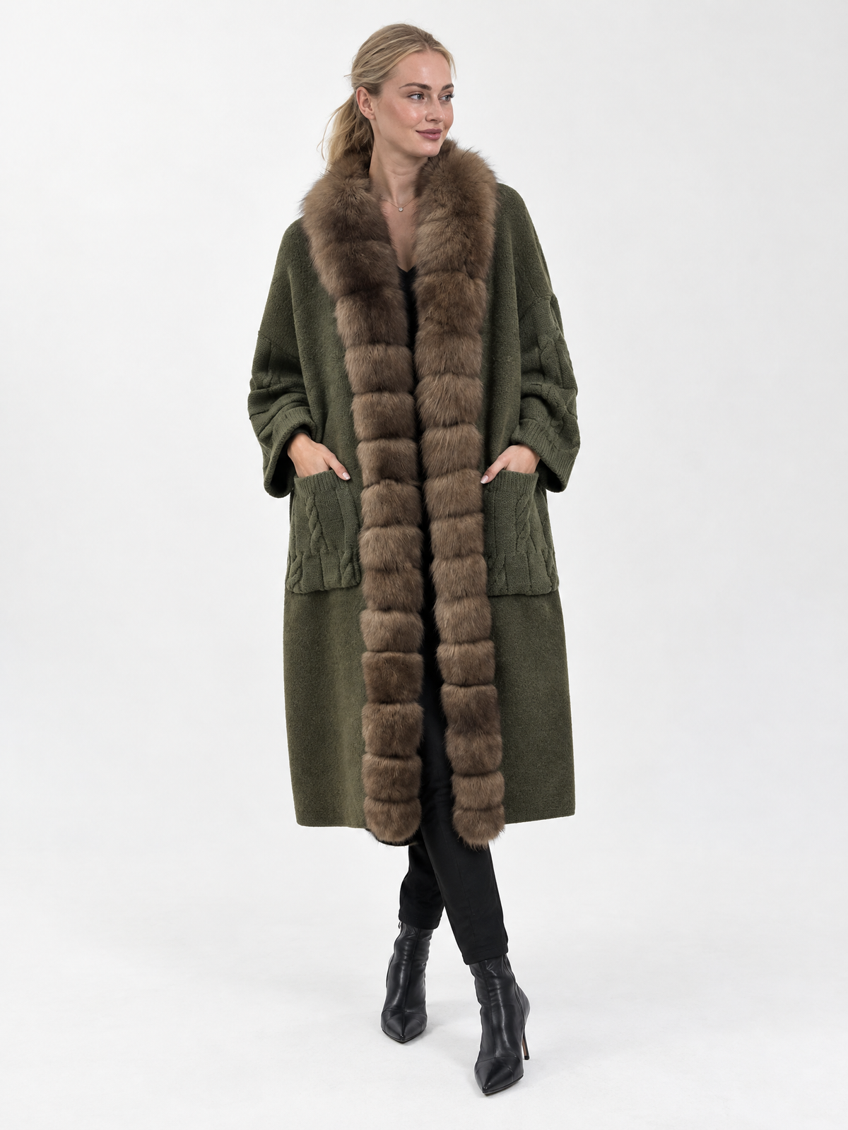 Luxury Fur-Trimmed Long Knit Cardigan
