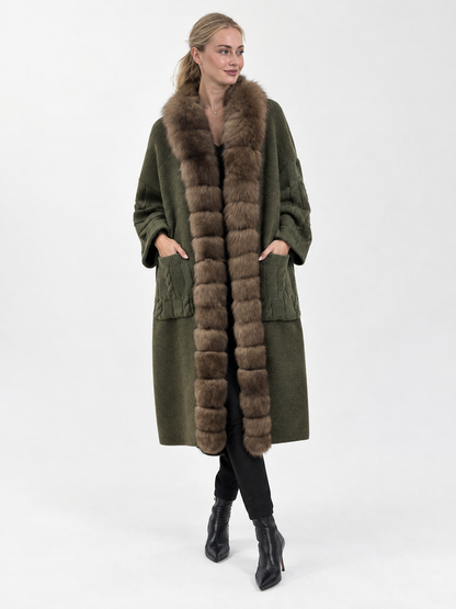 Luxury Fur-Trimmed Long Knit Cardigan