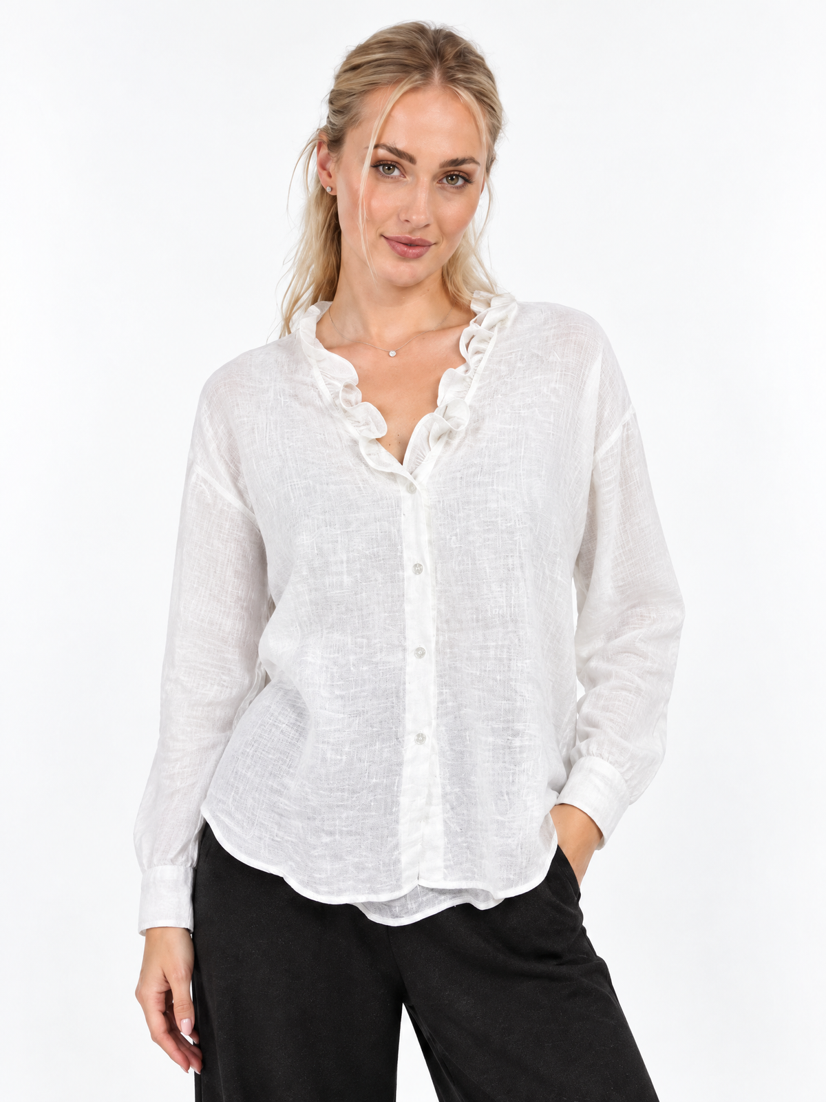 Women's Ruffle Neck Button-Up Blouse