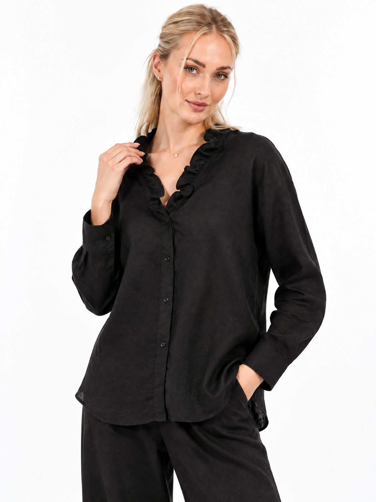 Women's Ruffle Neck Button-Up Blouse
