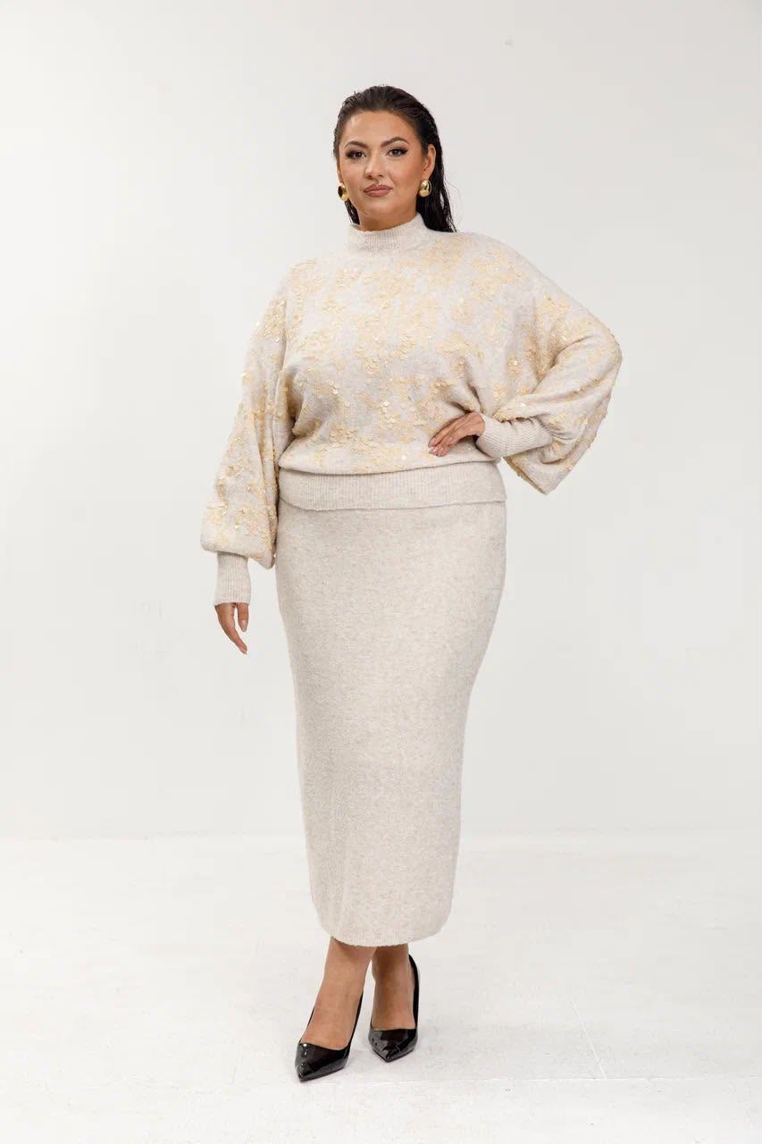 Floral Textured Knit Sweater & Midi Skirt Set