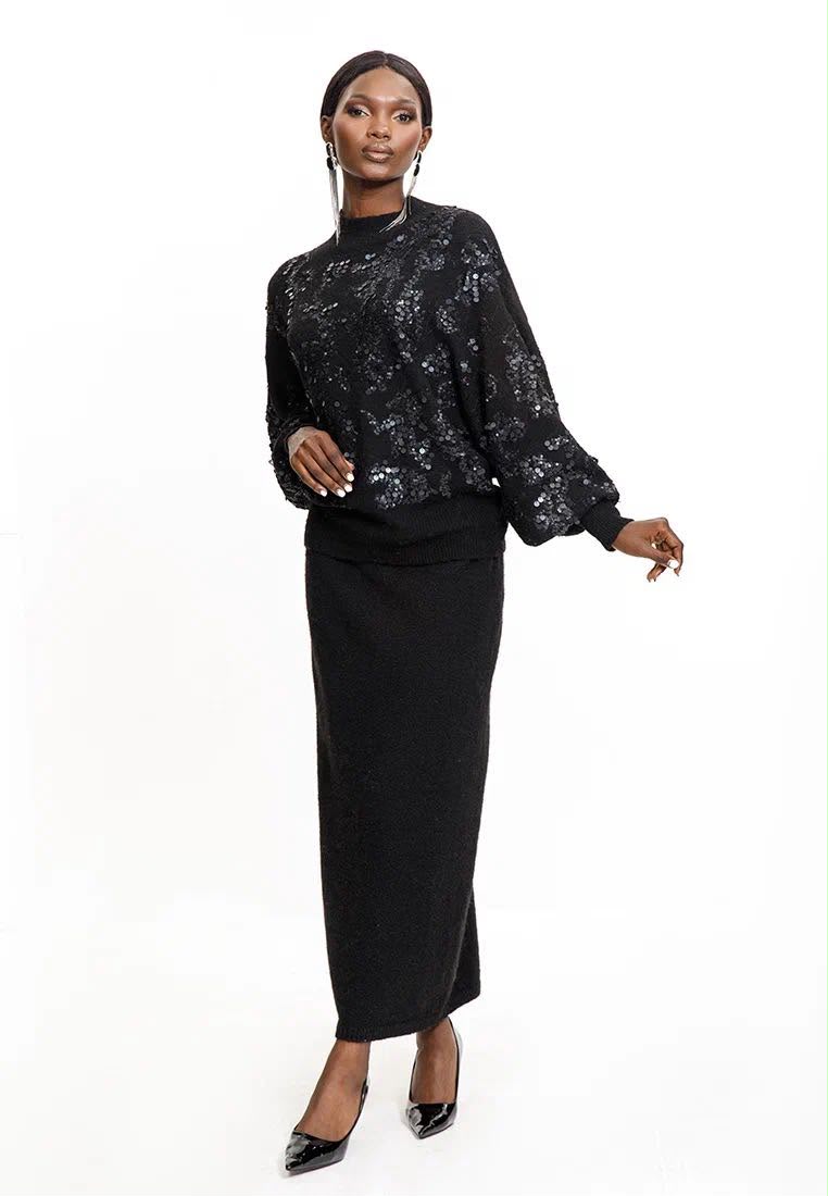 Floral Textured Knit Sweater & Midi Skirt Set