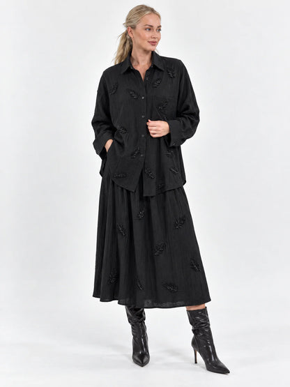 Embroidered Feather Detail Shirt & Maxi Skirt Set