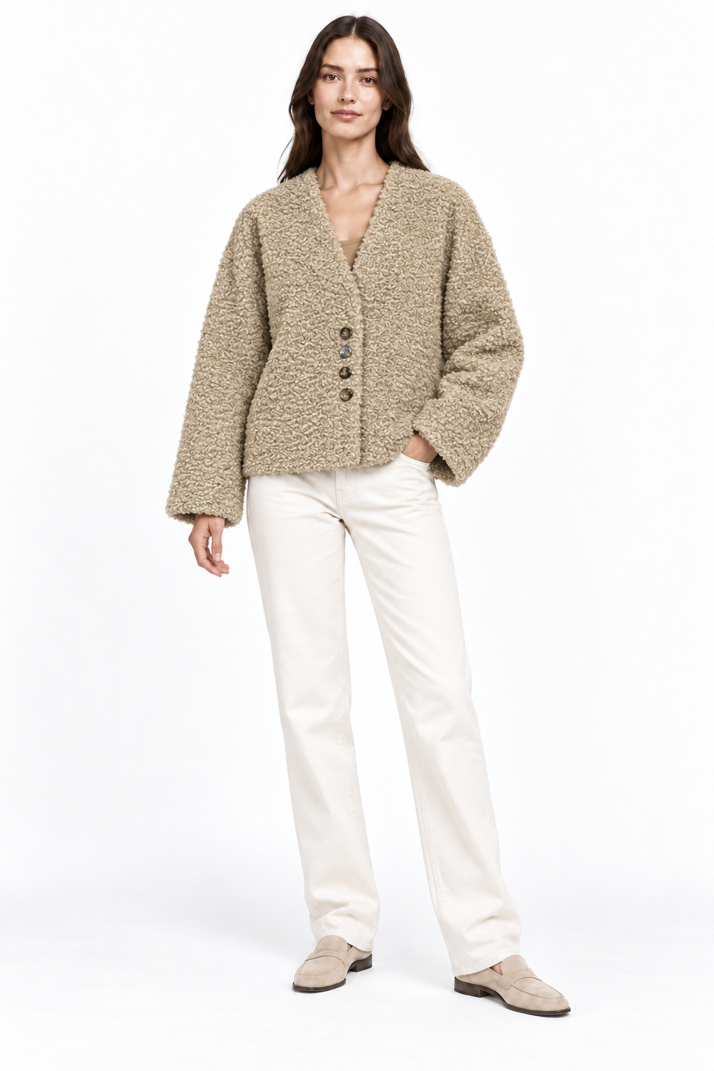 Textured Teddy Button-Front Cardigan