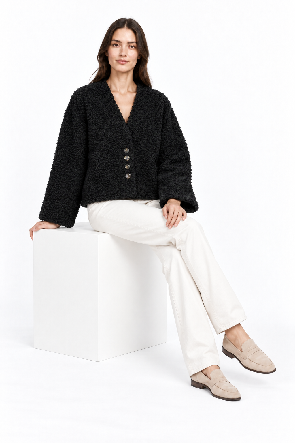 Textured Teddy Button-Front Cardigan