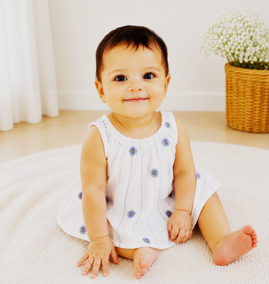 Baby Girl Daisy Bloom Sleeveless Dress – White & Blue